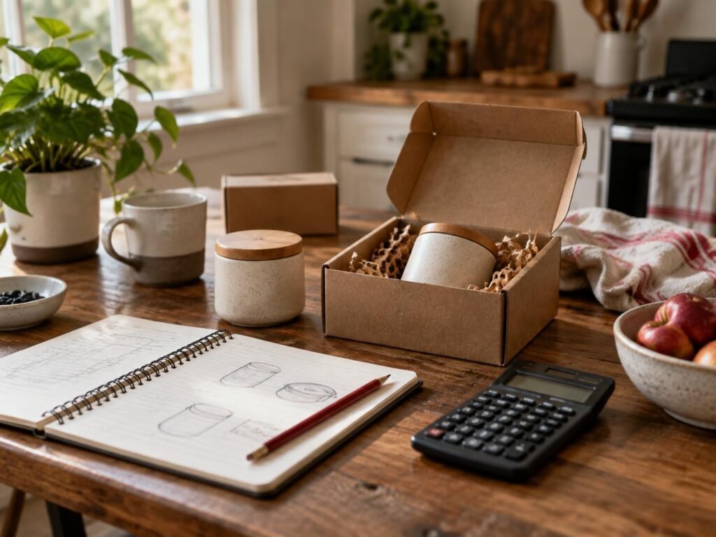 A small product prototype, sketchbook, and calculator on a kitchen table