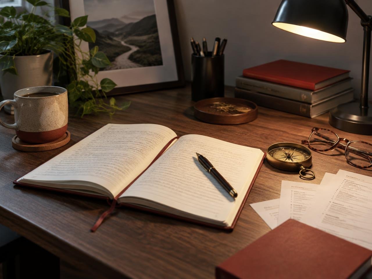 A notebook, compass, and reading glasses on a focused workspace