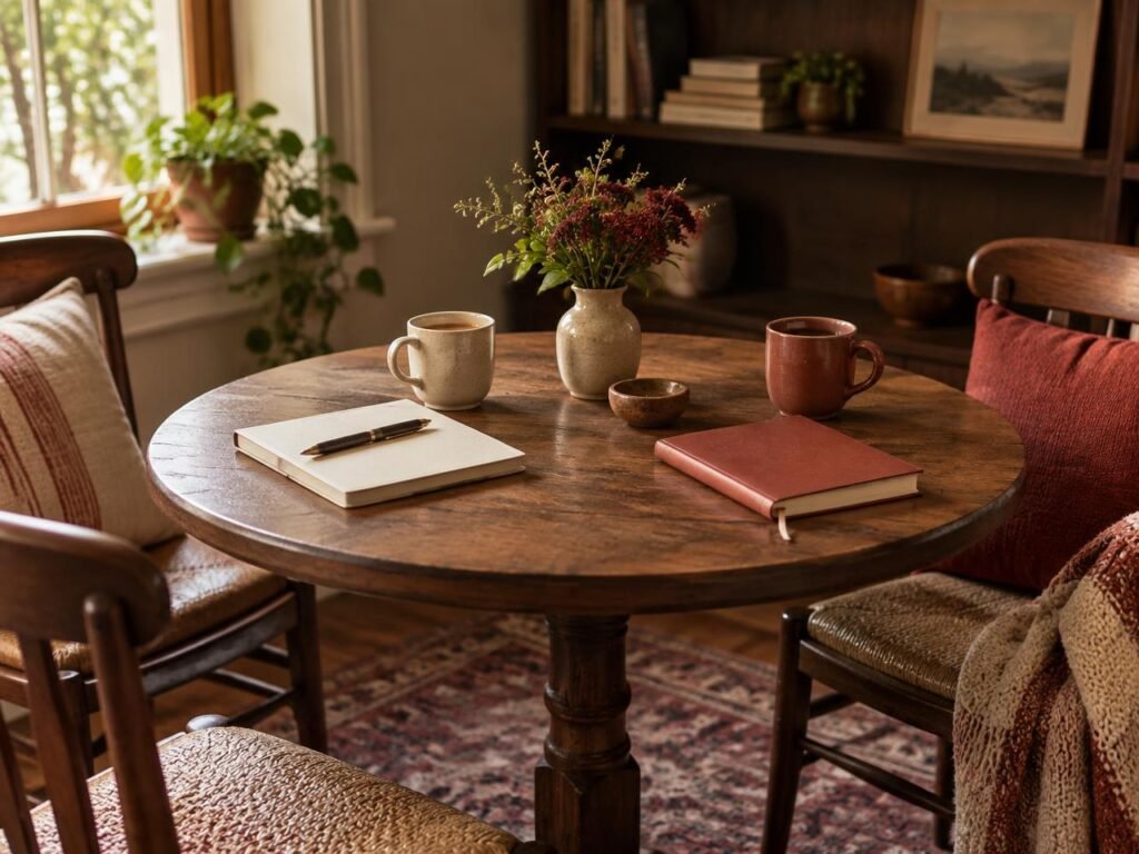 Two notebooks and mugs arranged for a conversation around a table