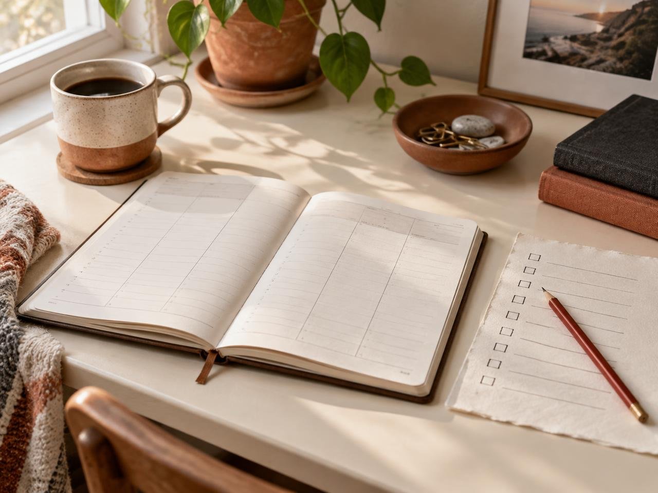 An open weekly planner and checklist on a sunlit desk